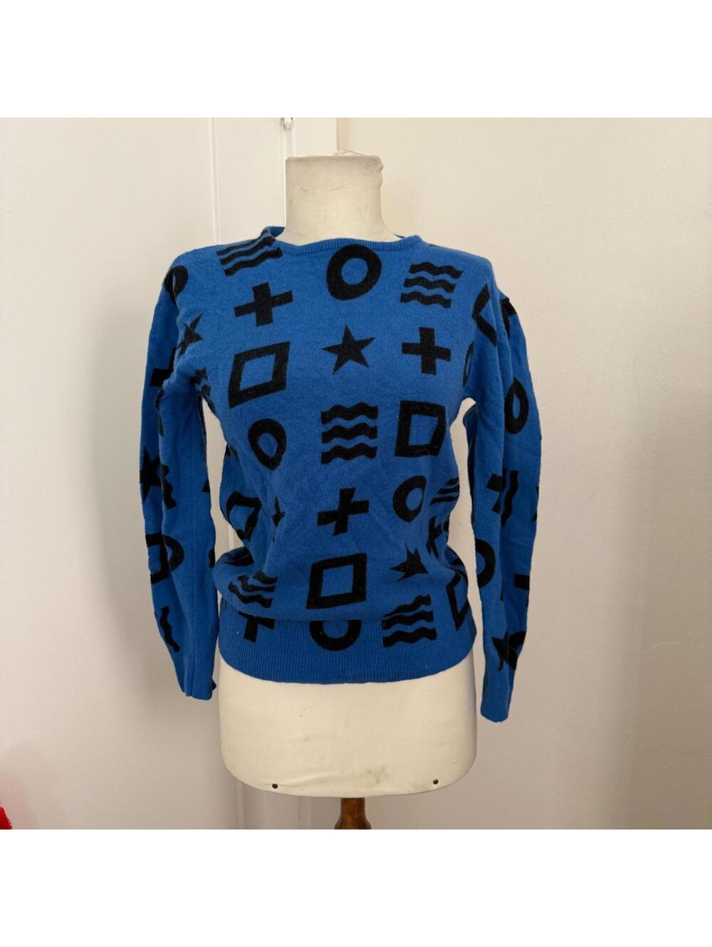 Vintage 1980s One Geometric Sweater Blue Black Lambswool Crewneck Abstract Knit